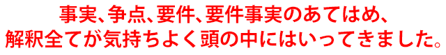 事実、争点、要件、要件事実のあてはめ、解釈全てが気持ちよく頭の中にはいってきました。