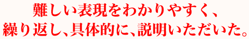 難しい表現をわかりやすく、繰り返し、具体的に、説明いただいた。